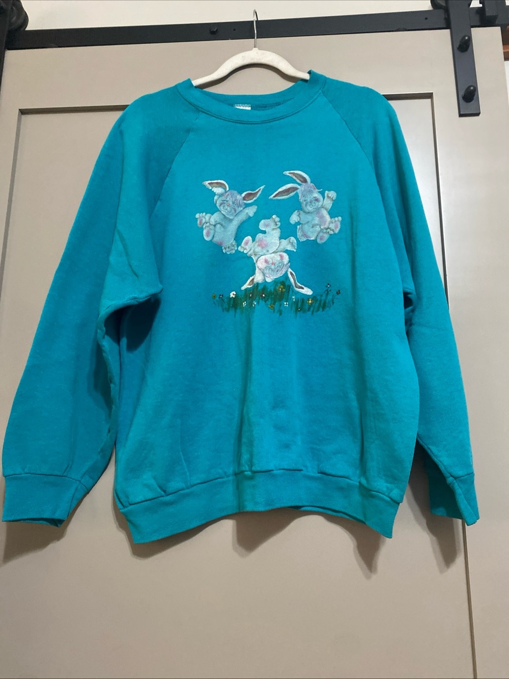 Vintage 90’s Fruit of the Loom Teal Crewneck Sweatshirt with Bunny Graphic